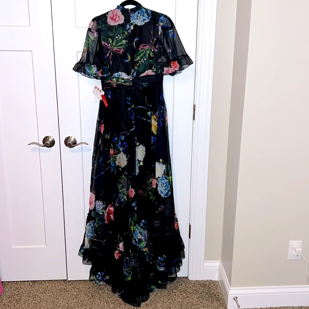 NWT Mac Duggal 68230 - Floral Print Ruffled High Neck Flutter Sleeve Gown - Picture 4 of 9